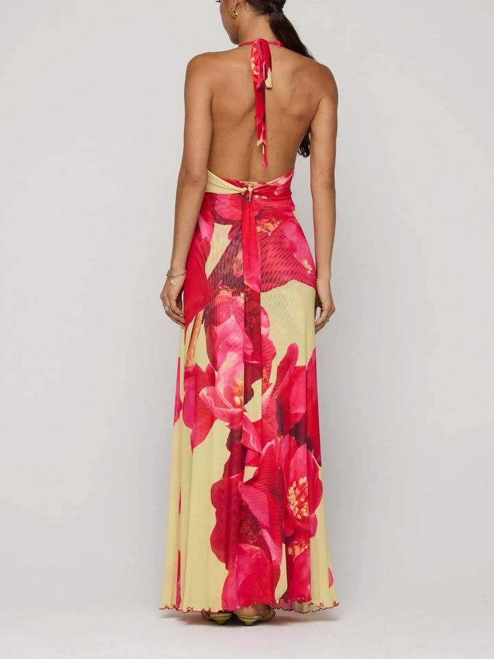 Backless floral halter deep V maxi dress with ruched waist