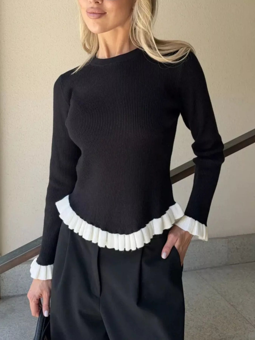 Ribbed knit sweater with contrast ruffle hem and cuffs