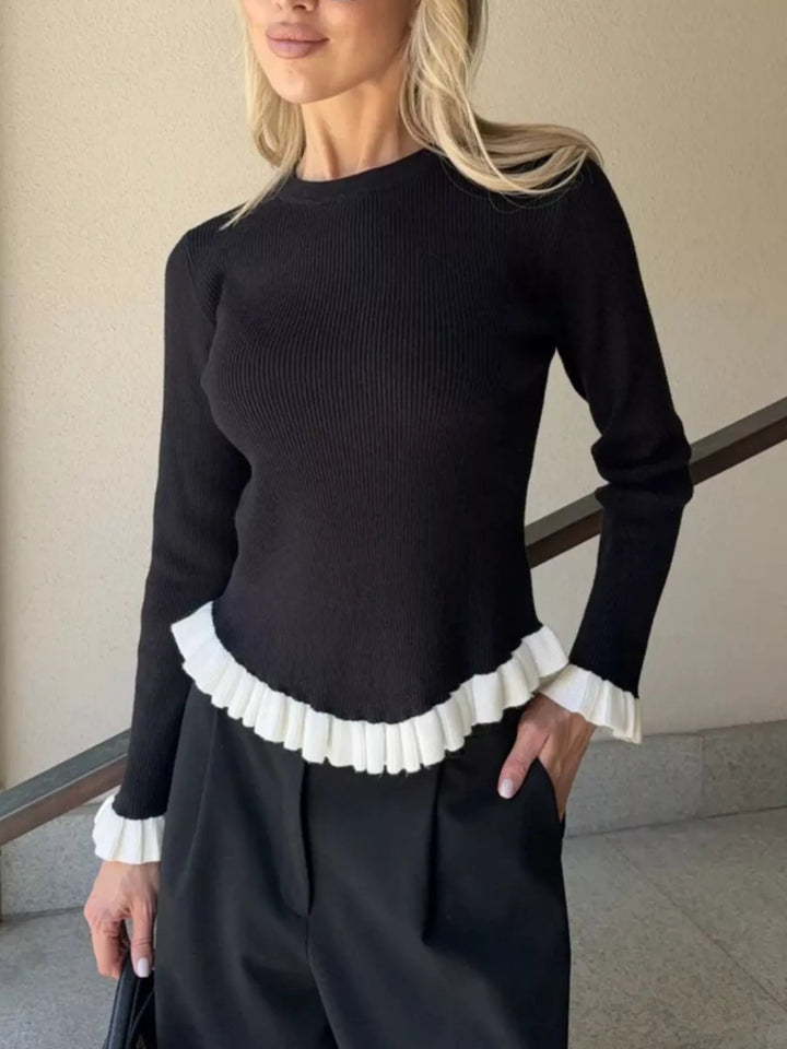 Ribbed knit sweater with contrast ruffle hem and cuffs