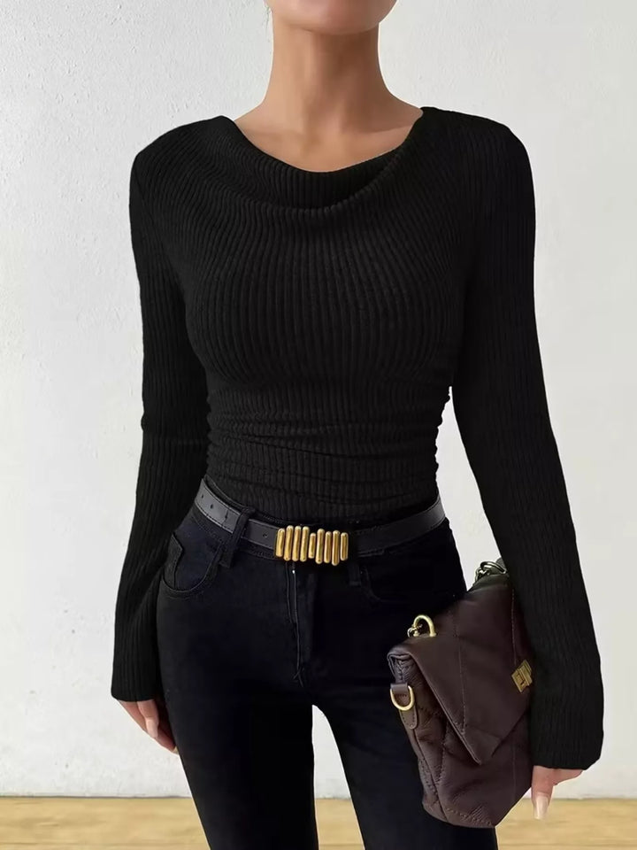 Black Ribbed knit cowl neck top with ruched sides