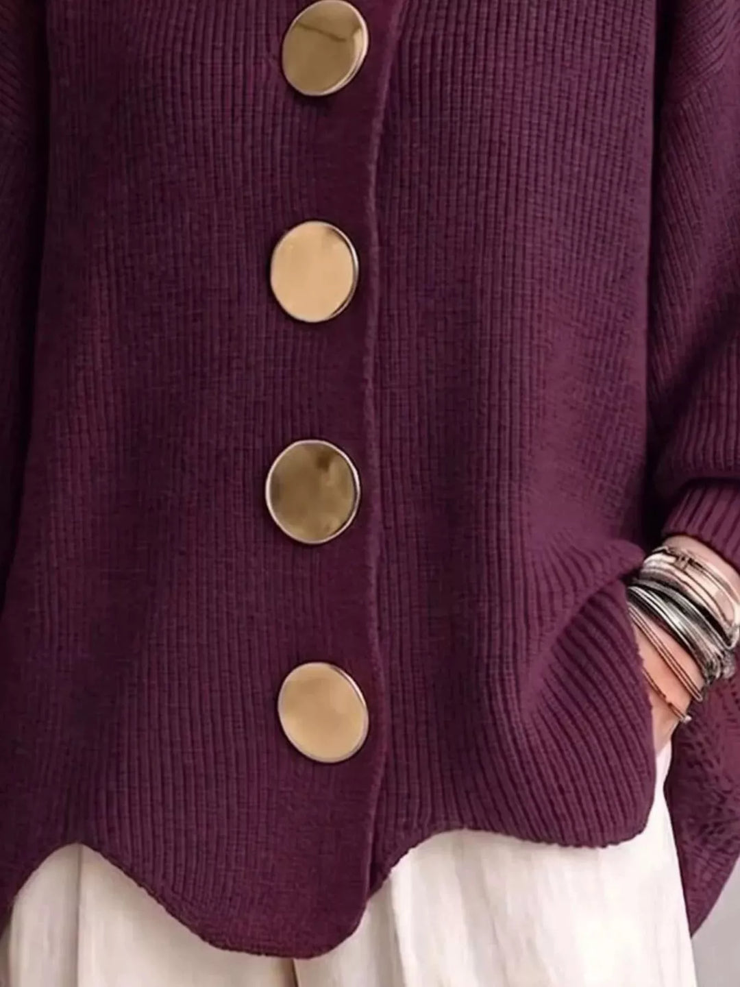 Oversized gold button ribbed knit collared cardigan