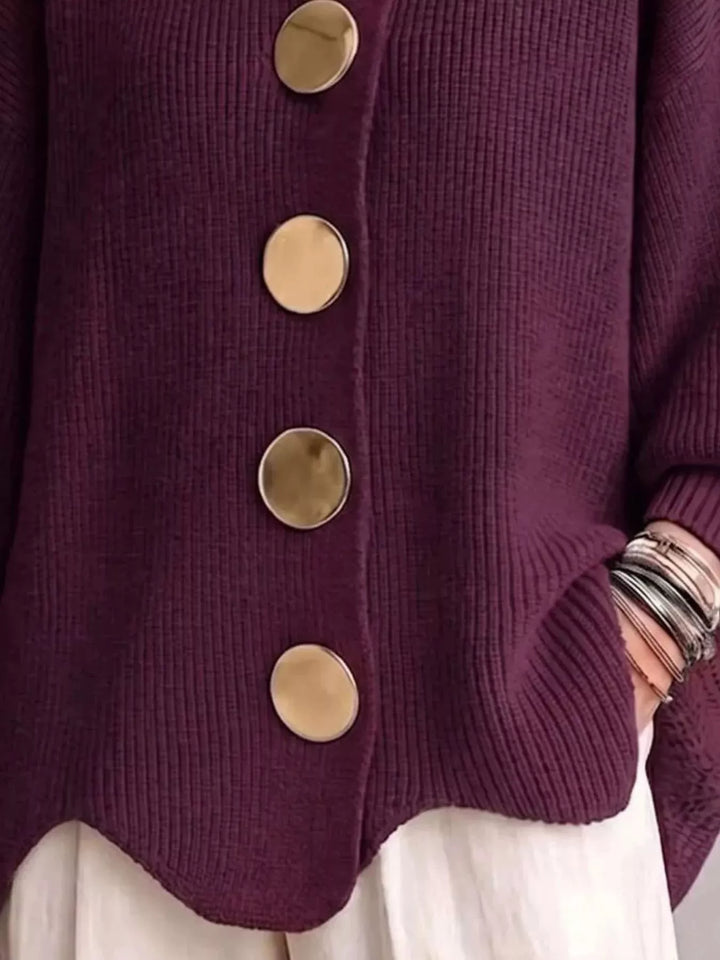 Oversized gold button ribbed knit collared cardigan
