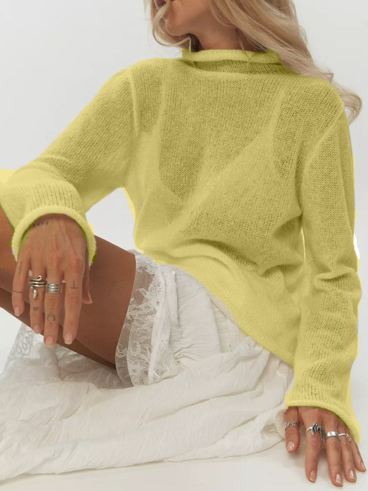 Yellow Sheer open-knit mock neck sweater with long sleeves