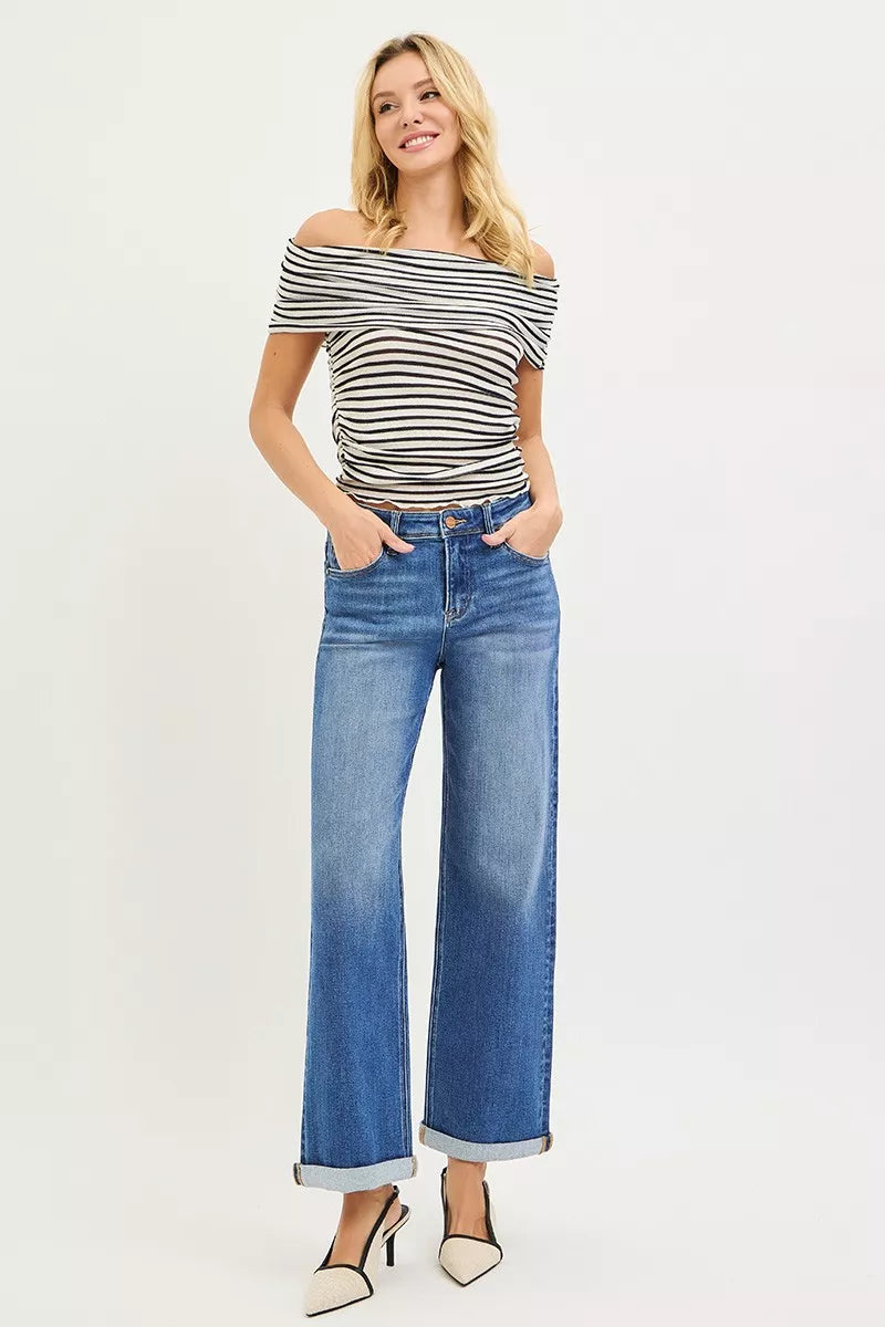 High rise relaxed straight leg jeans with cuffed ankle hem