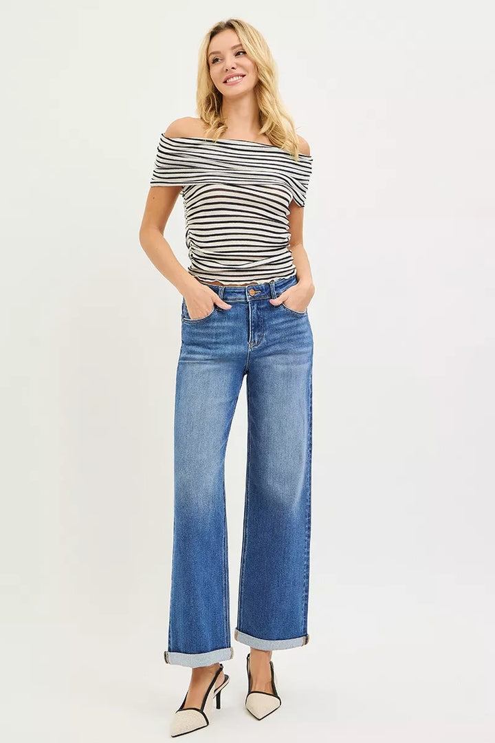 High rise relaxed straight leg jeans with cuffed ankle hem