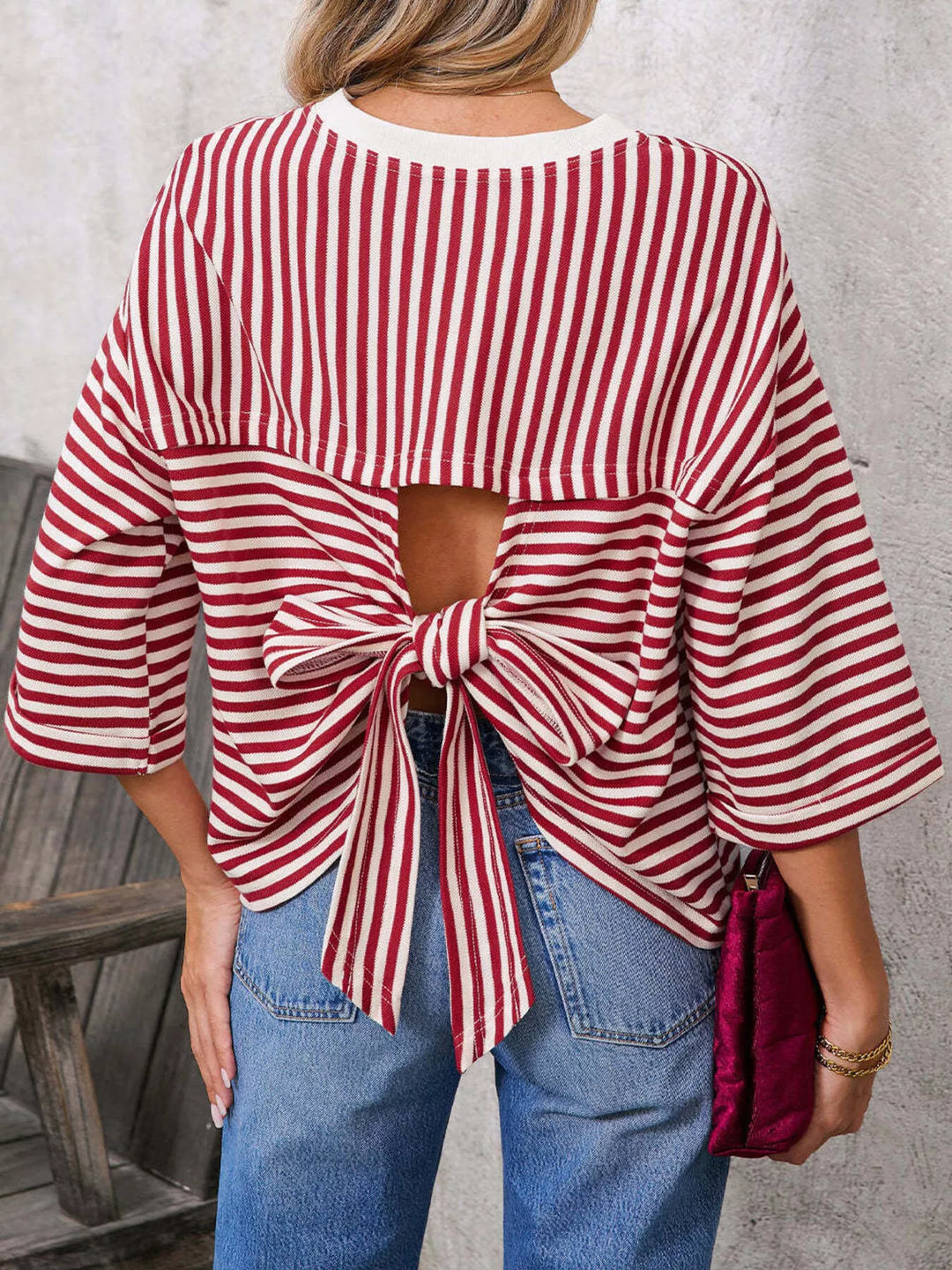 Scarlet Striped oversized tee with back bow tie and keyhole cutout
