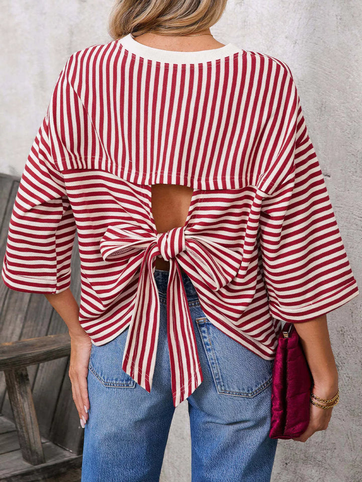 Scarlet Striped oversized tee with back bow tie and keyhole cutout