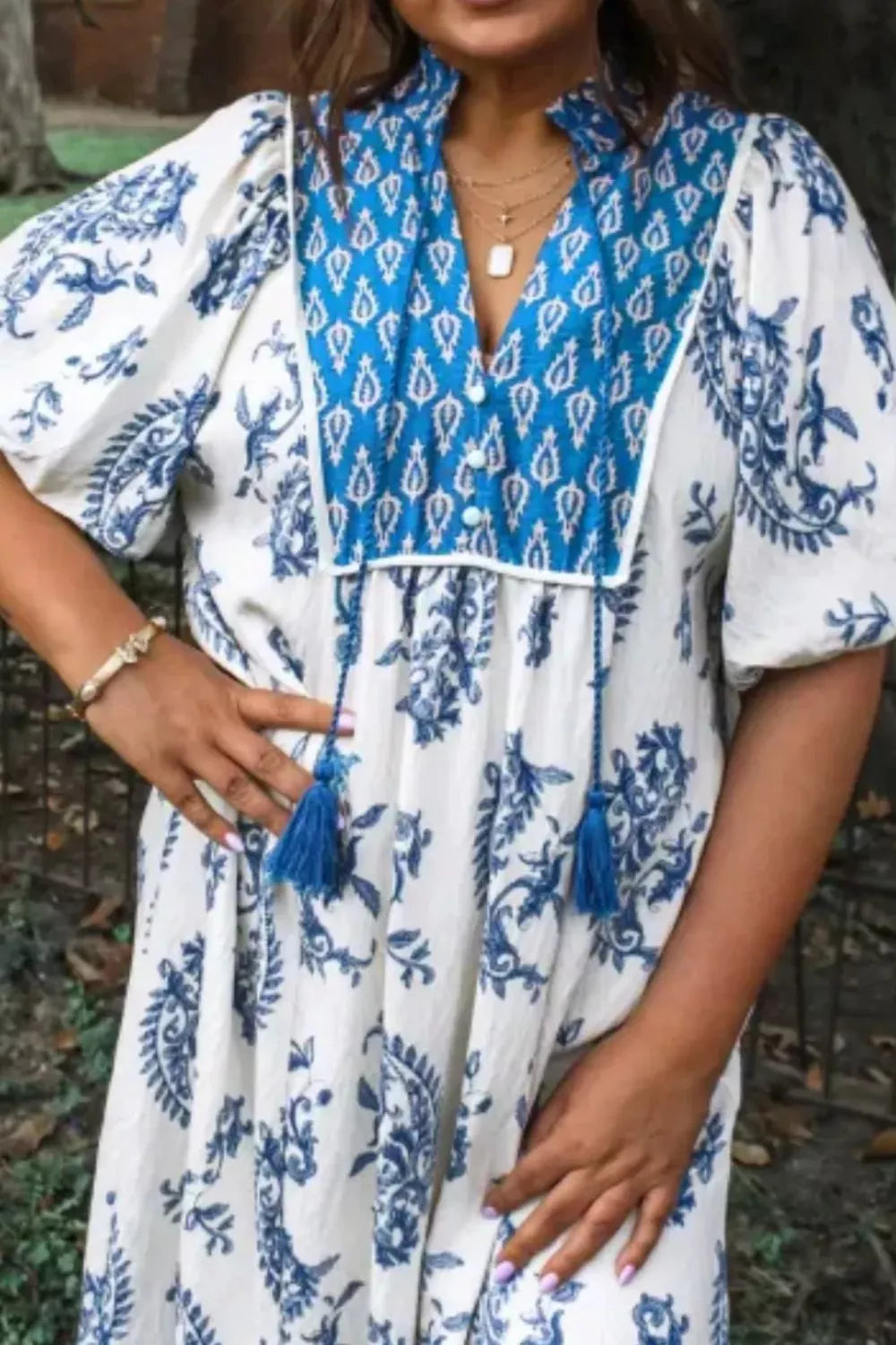 Paisley patchwork v-neck boho midi dress with tassel ties