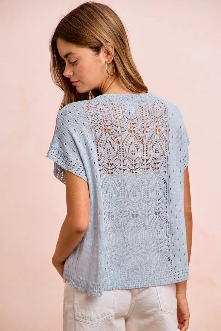 Washed eyelet openwork knit short sleeve top