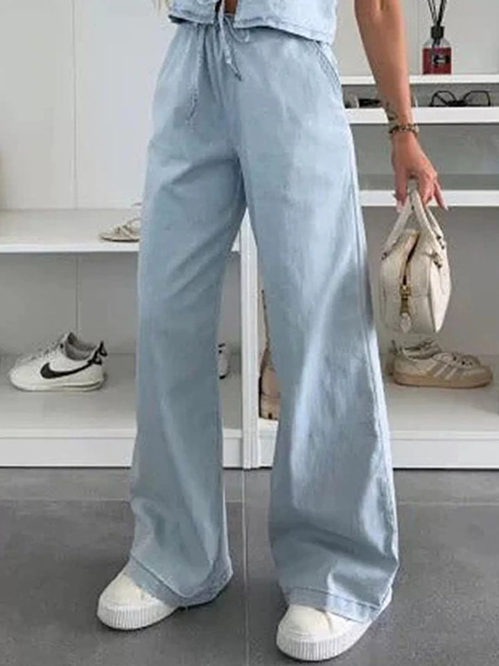 Light Blue Pants Tie-front denim vest and wide-leg pants set