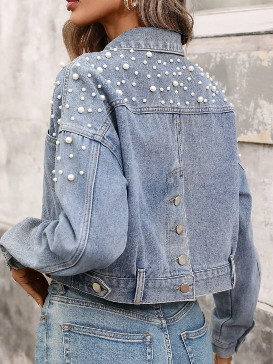 Pearl-embellished cropped denim jacket with patch pockets