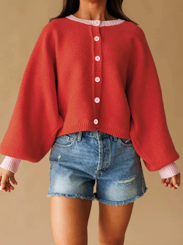 Contrast trim button-front knit cardigan with balloon sleeves
