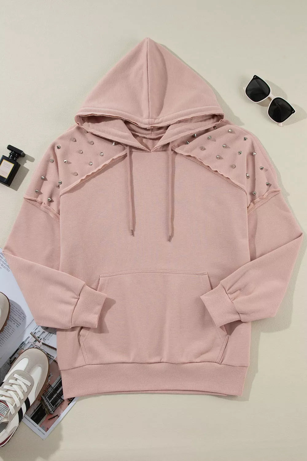 Studded shoulder drawstring hoodie with kangaroo pocket