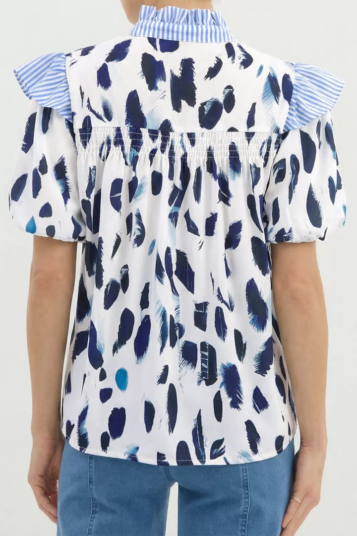 Abstract animal print blouse with striped ruffle yoke