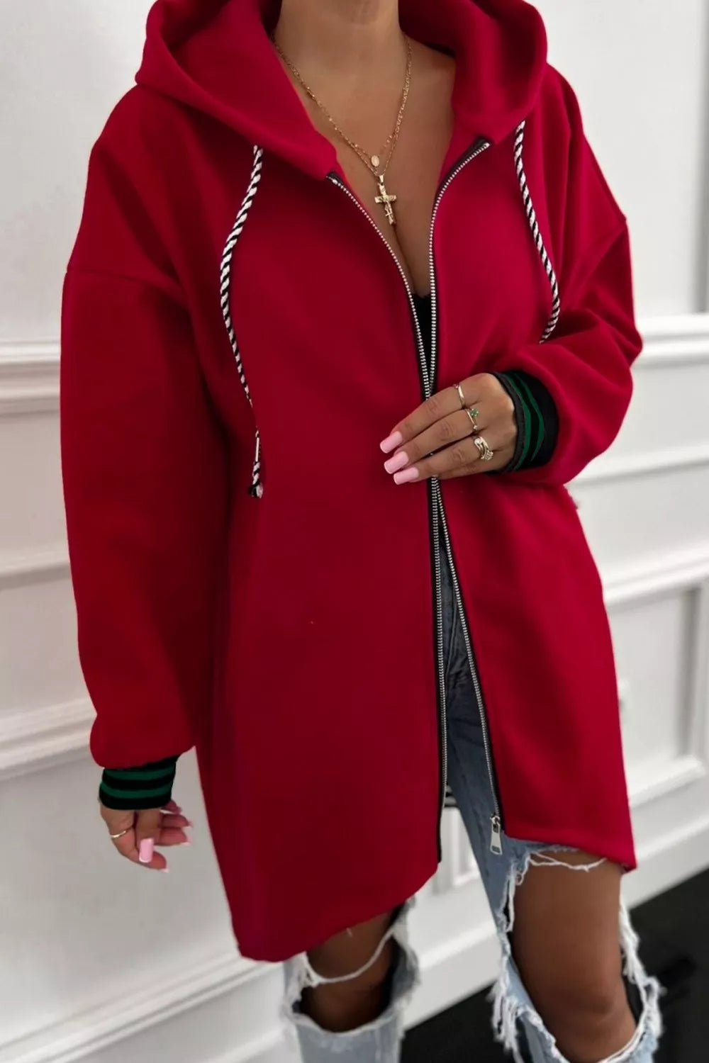 Rust Drop shoulder zip-up hoodie with contrast striped cuffs