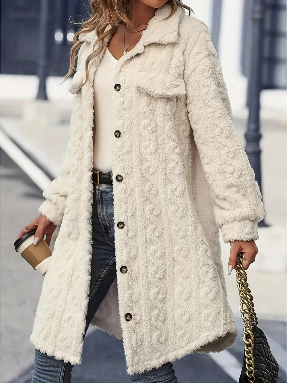 Fuzzy textured fleece longline button-up coat
