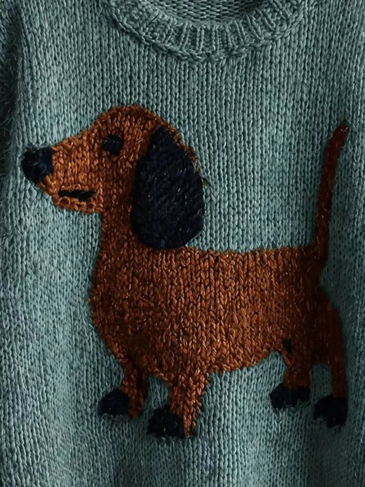 Dachshund chunky knit drop shoulder crew neck sweater