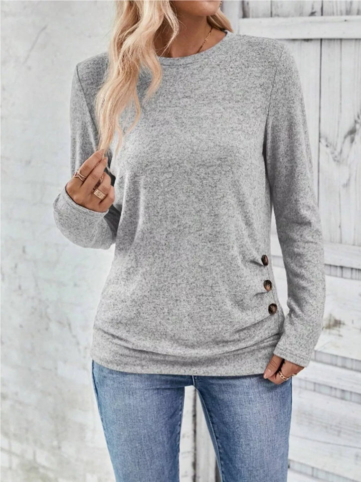 Decorative side-button long sleeve knit top