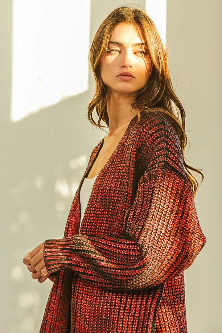 Metallic ribbed knit open-front longline cardigan