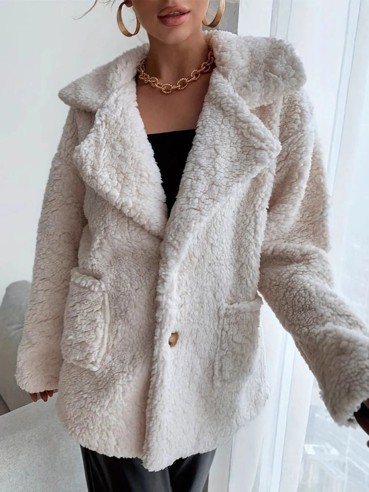 Fuzzy sherpa open front coat with notched lapels