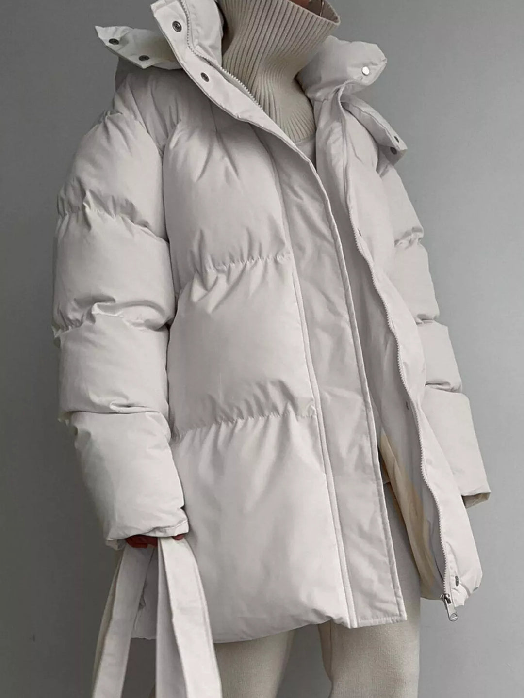 Belted puffer winter coat with snap-off hood