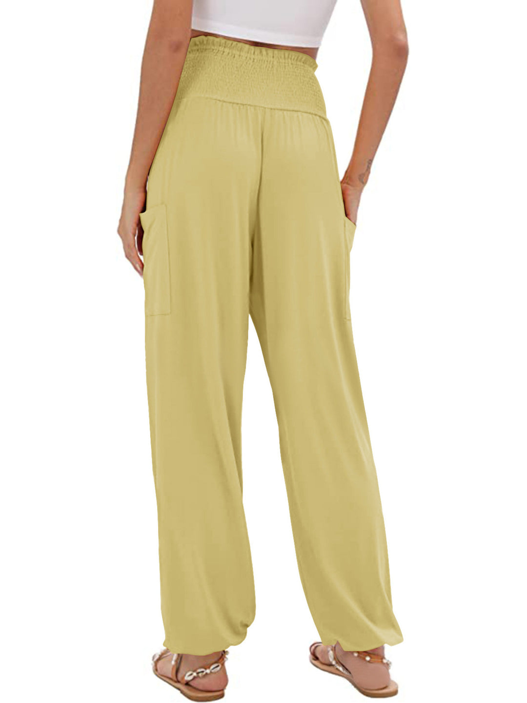 High-rise smocked harem pants with side pockets