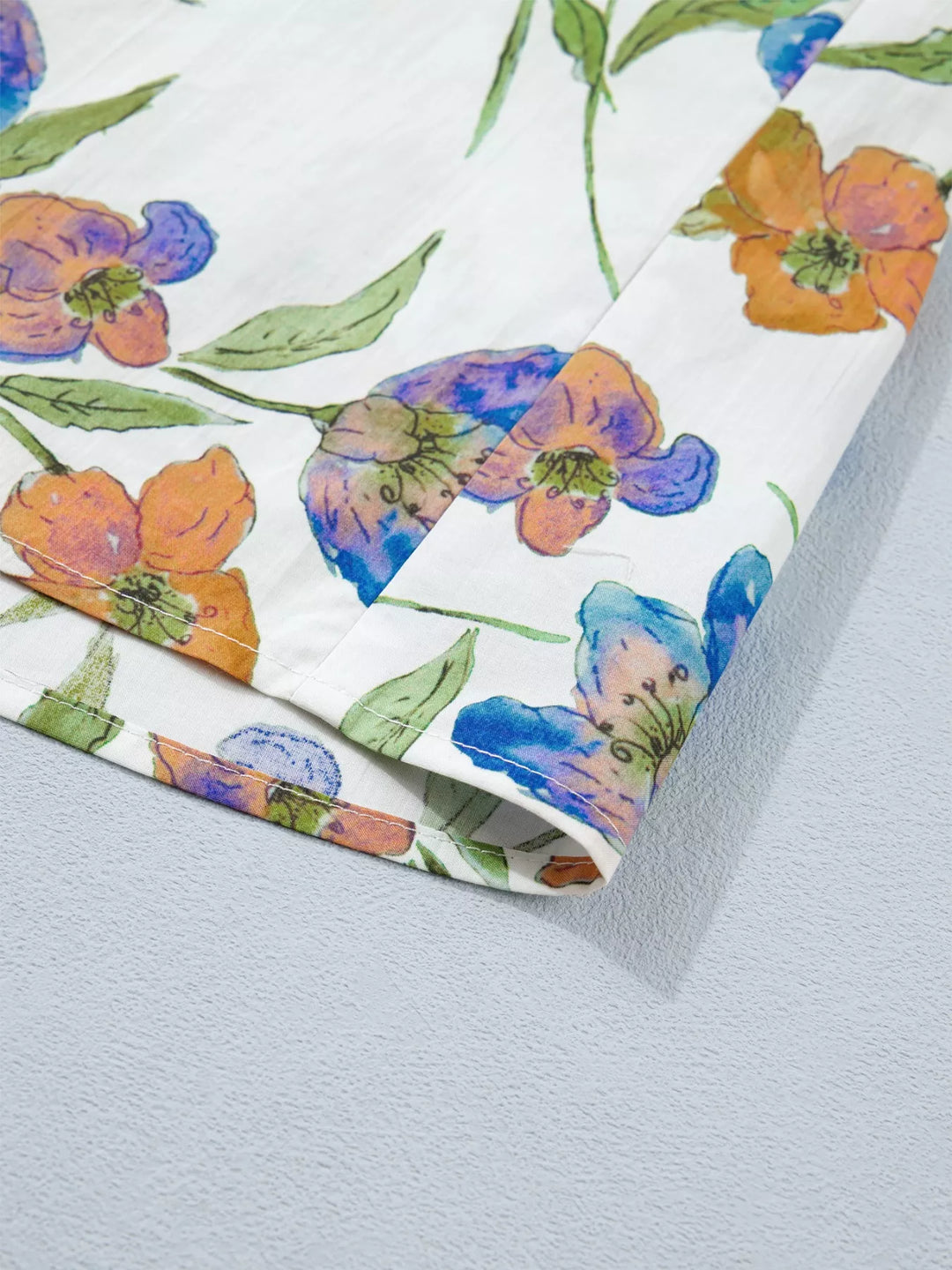 Watercolor floral ruffle-sleeve V-neck cotton blouse