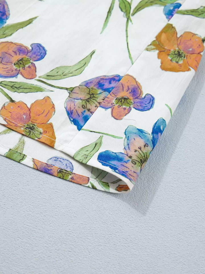Watercolor floral ruffle-sleeve V-neck cotton blouse