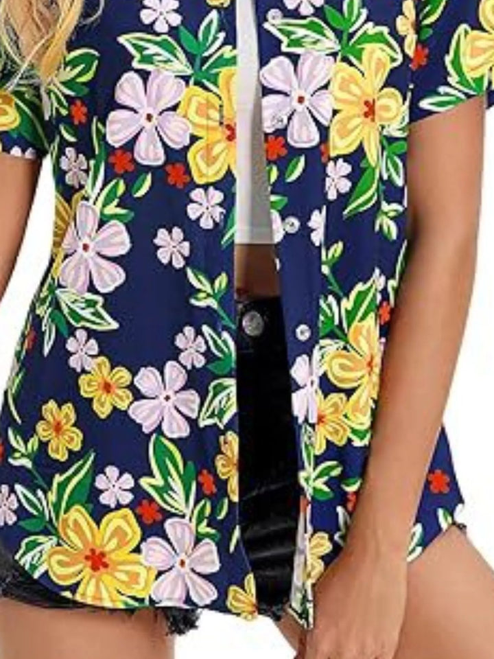 Tropical hibiscus print short sleeve button-up shirt