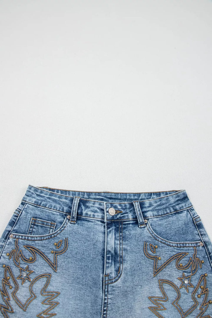Western embroidered studded denim shorts with raw hem