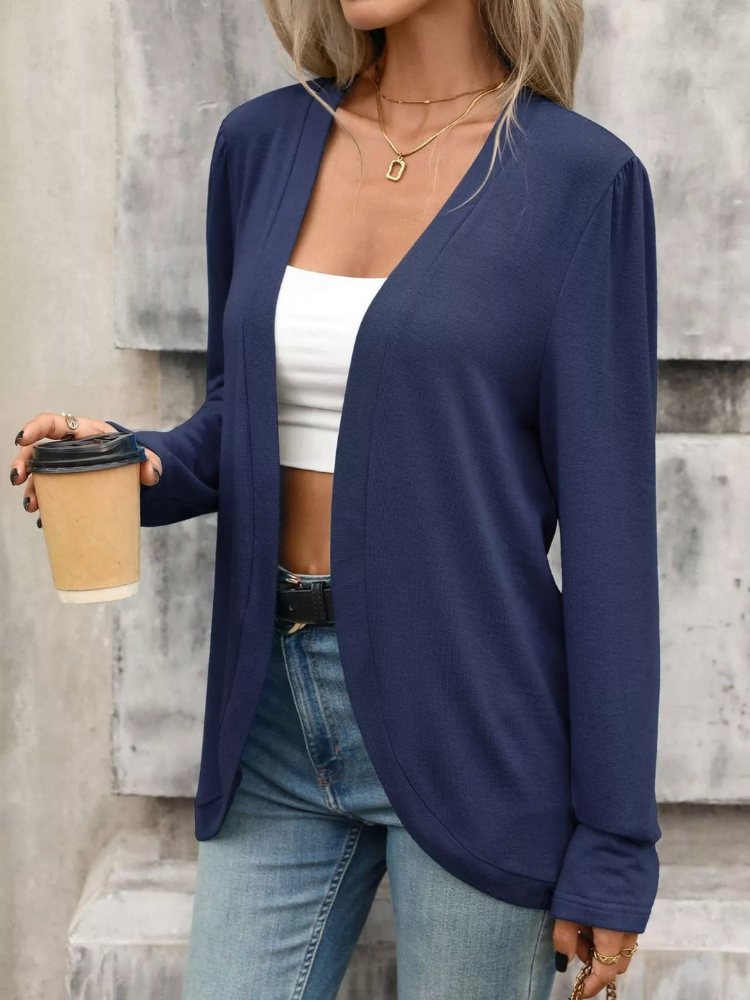 Open front collarless cardigan blazer with curved hem