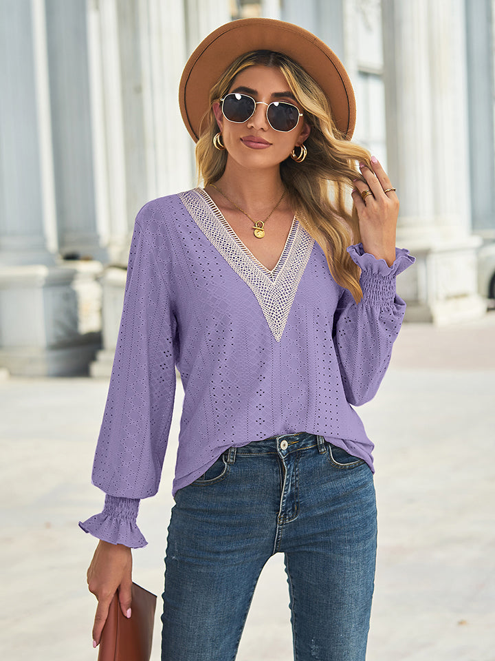Periwinkle Eyelet V-neck blouse with lace trim and flounce sleeves