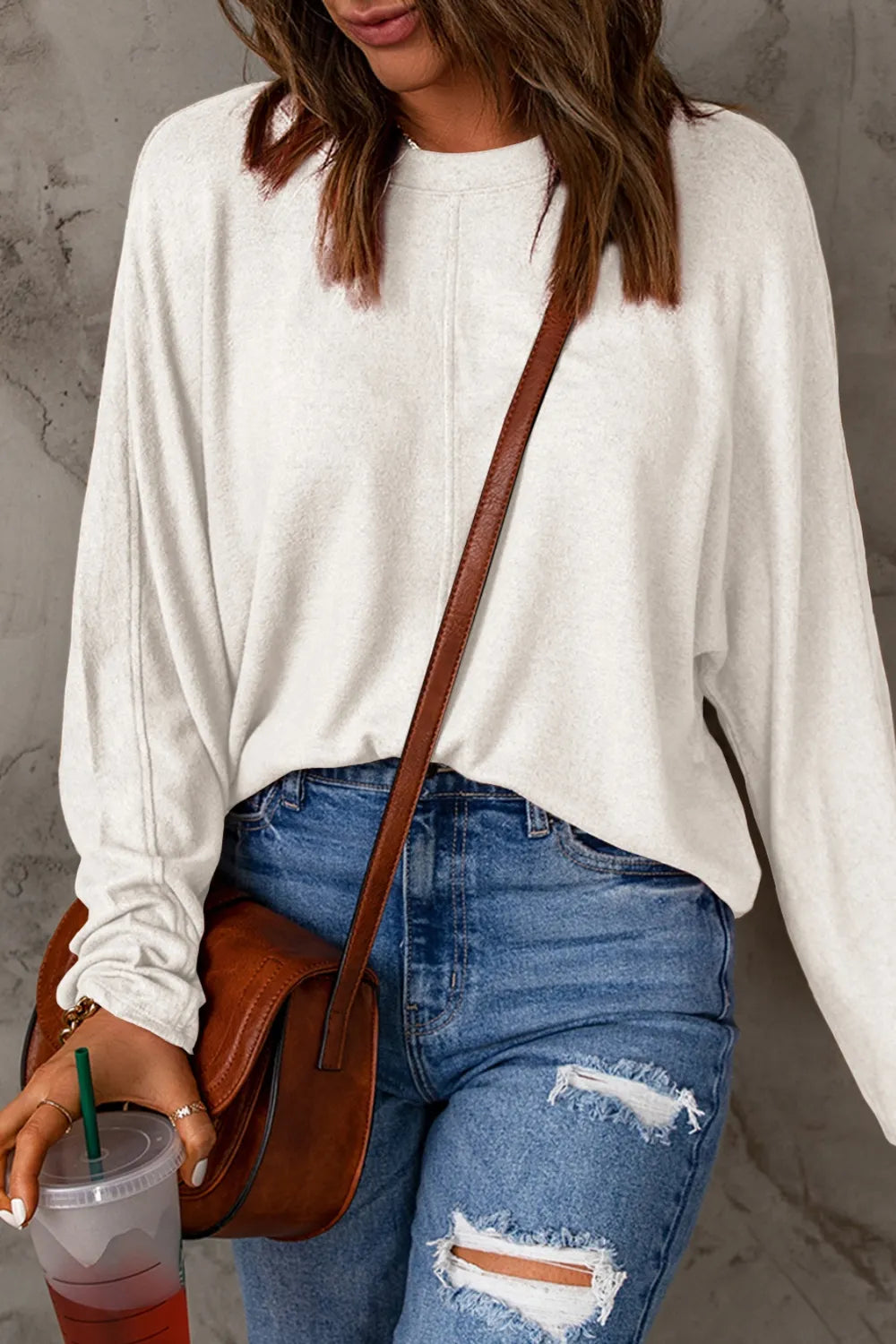 Relaxed drop-shoulder round neck long sleeve top
