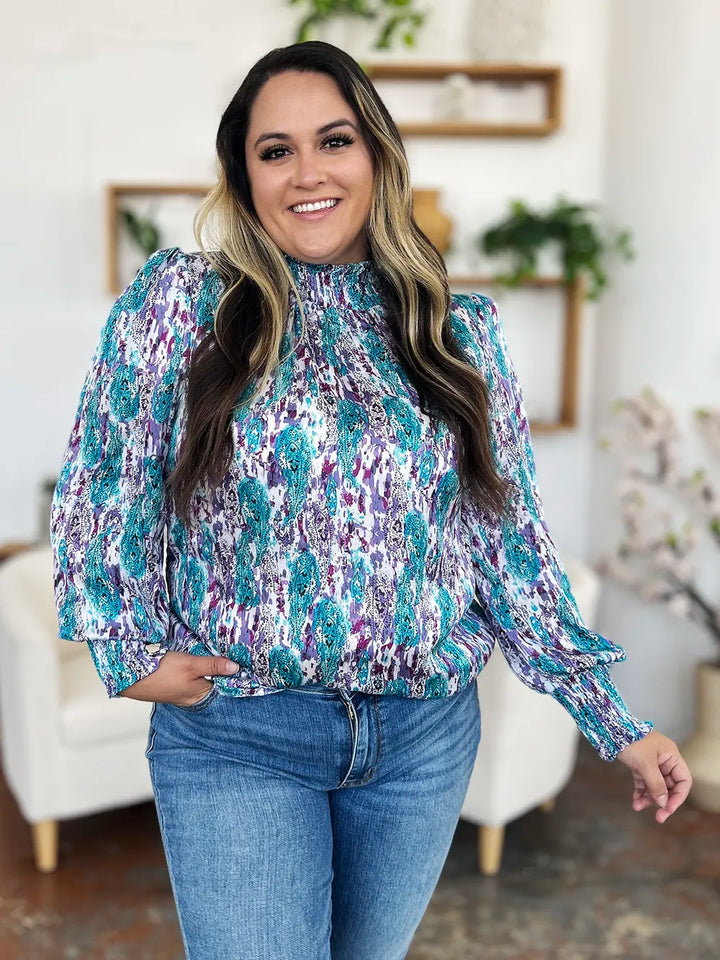 Printed smocked frill mock neck long sleeve blouse