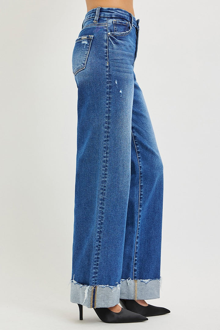 High rise wide leg jeans with raw cuffed hem