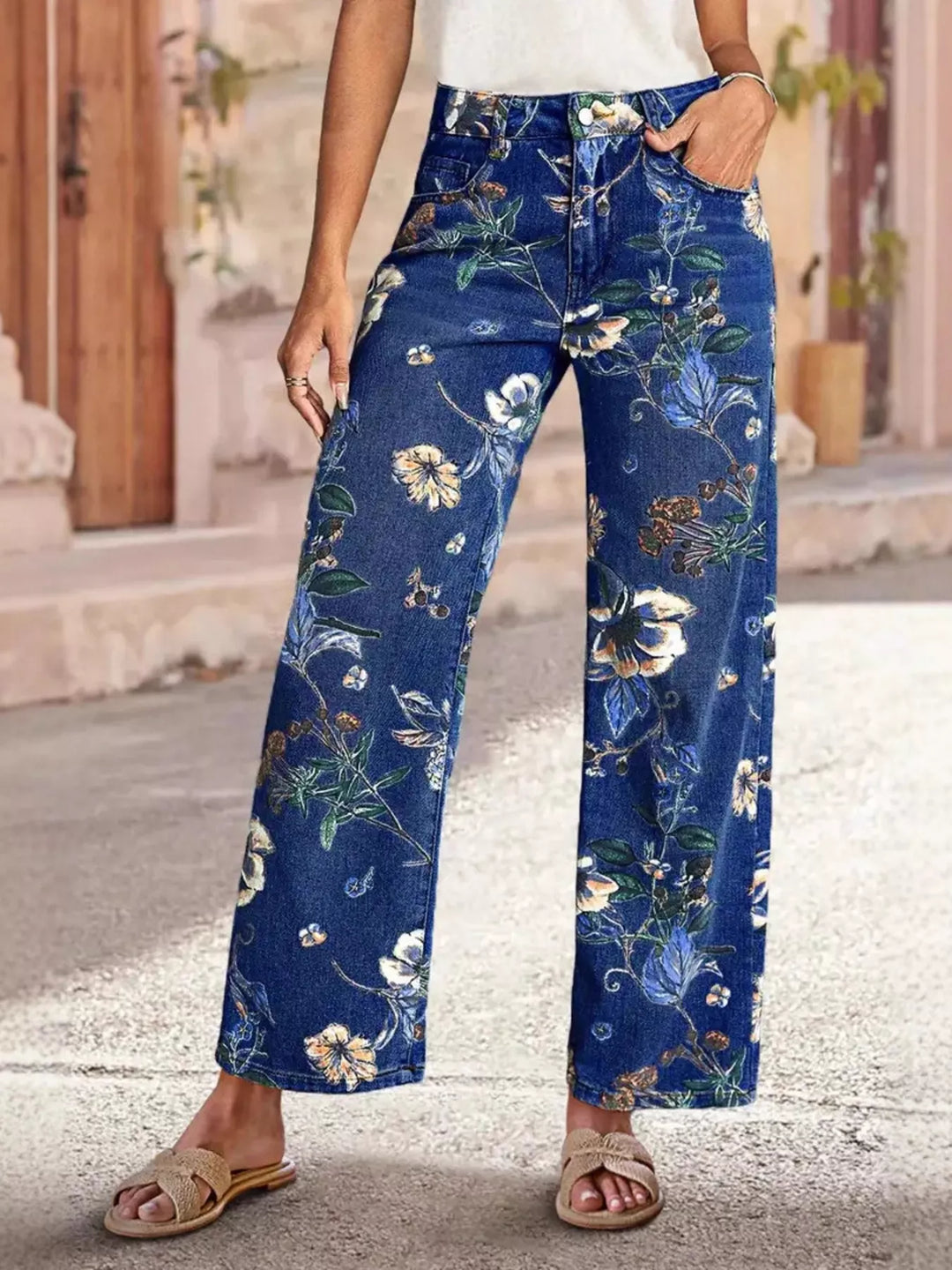 Dark Blue High-rise wide-leg jeans with floral print