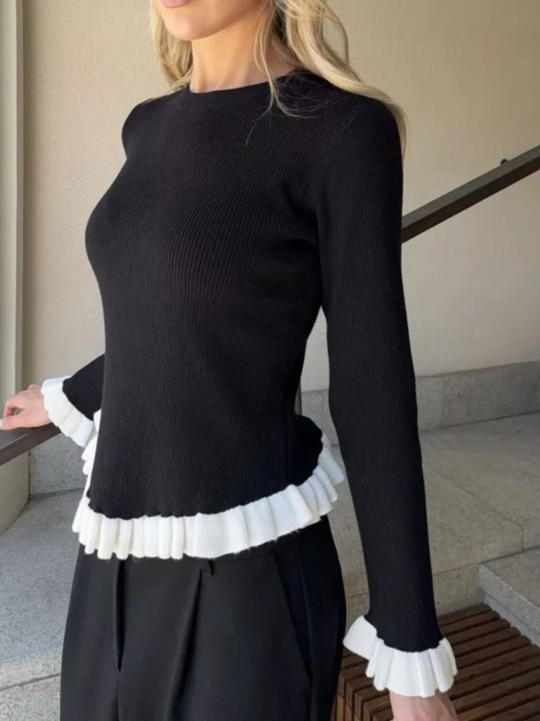 Ribbed knit sweater with contrast ruffle hem and cuffs