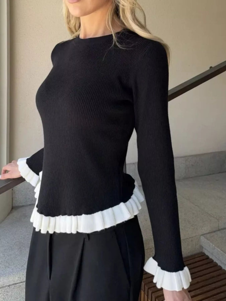 Ribbed knit sweater with contrast ruffle hem and cuffs