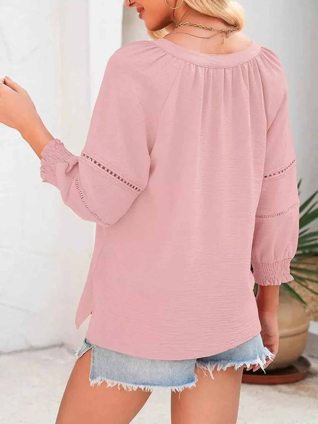 Openwork lace trim blouse with smocked cuffs and split neck