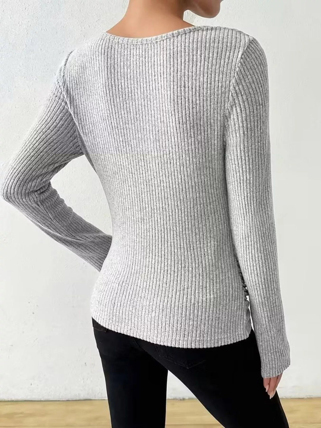 Ruched cowl neck ribbed knit long sleeve top