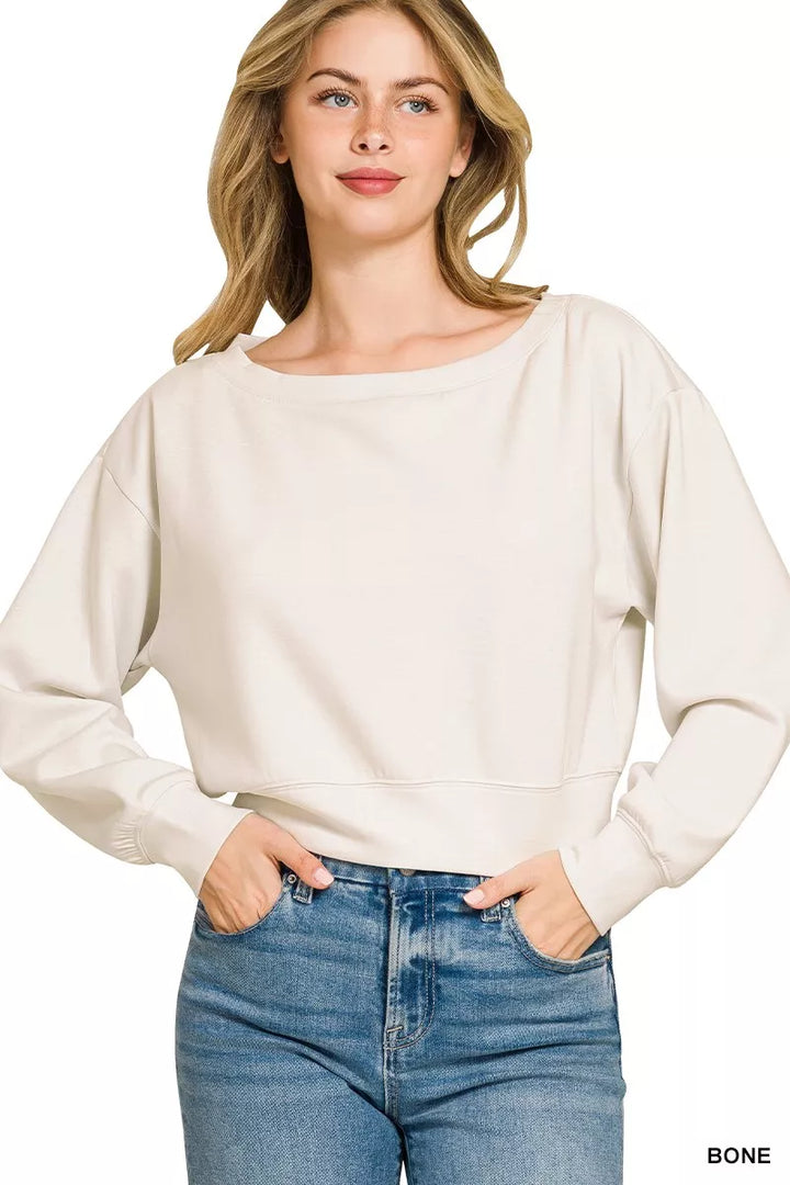 BONE Scuba knit cropped boat neck pullover sweatshirt