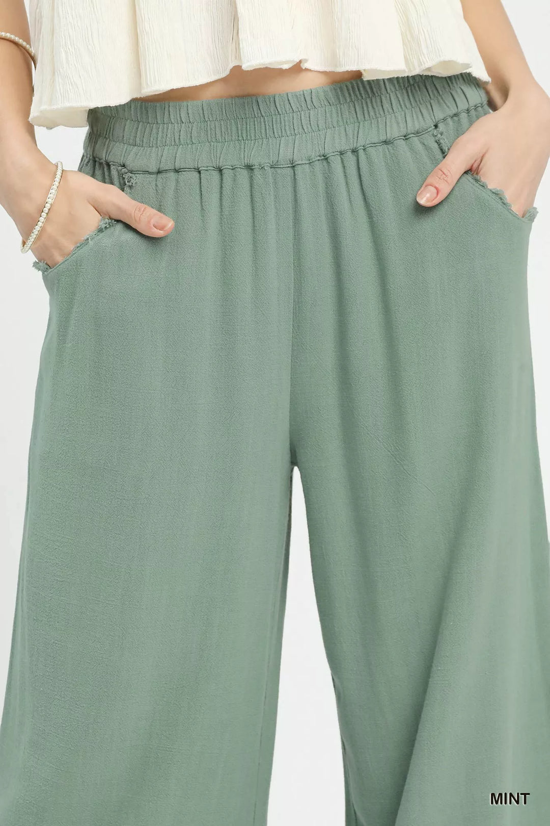 Wide-leg cropped linen pants with lace hem trim