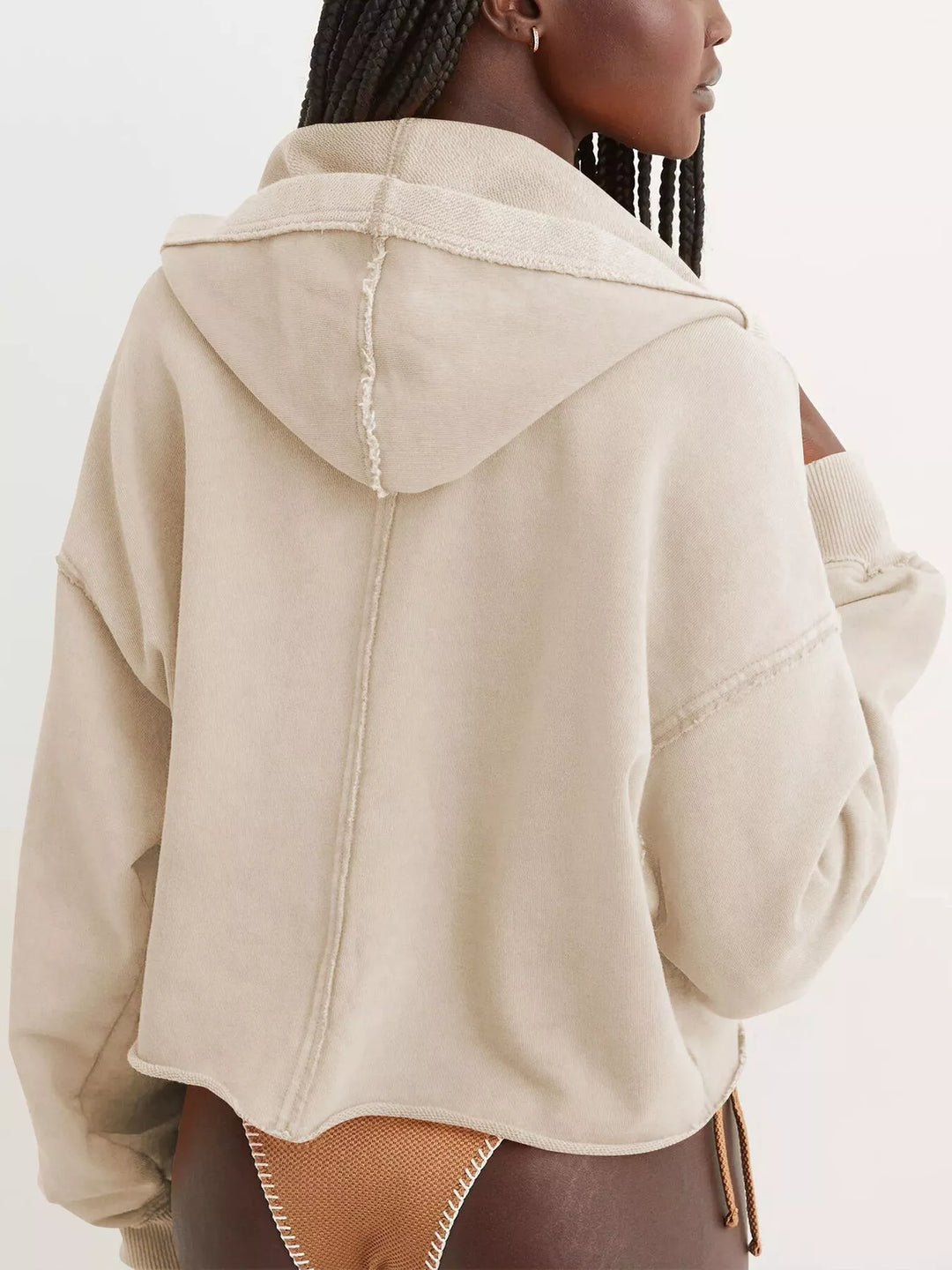 Cropped exposed-seam pullover hoodie with split neck