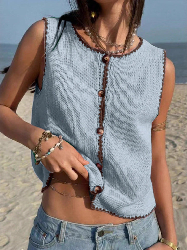 Button-front knit sweater vest with contrast whipstitch trim