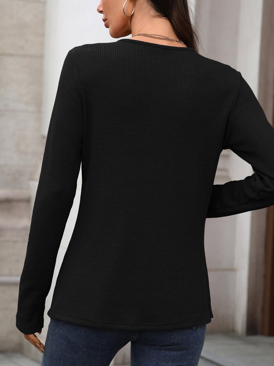 Waffle knit long sleeve henley top with button placket