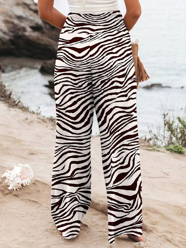 Plus size zebra print wide-leg pants with drawstring