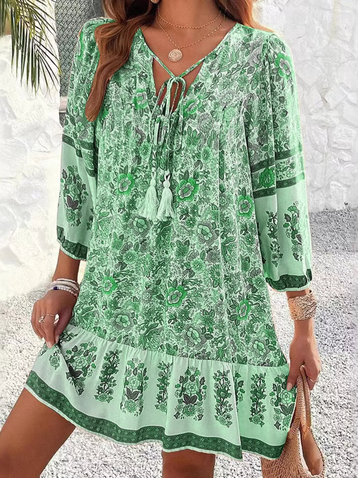 Boho floral v-neck mini dress with tassel tie and long sleeves