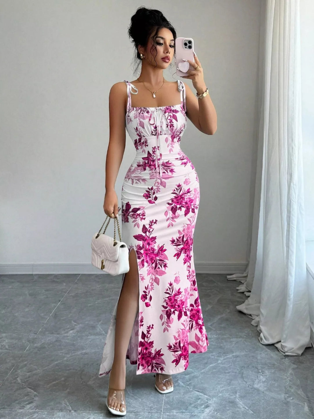 Floral print tie-strap maxi dress with side slit