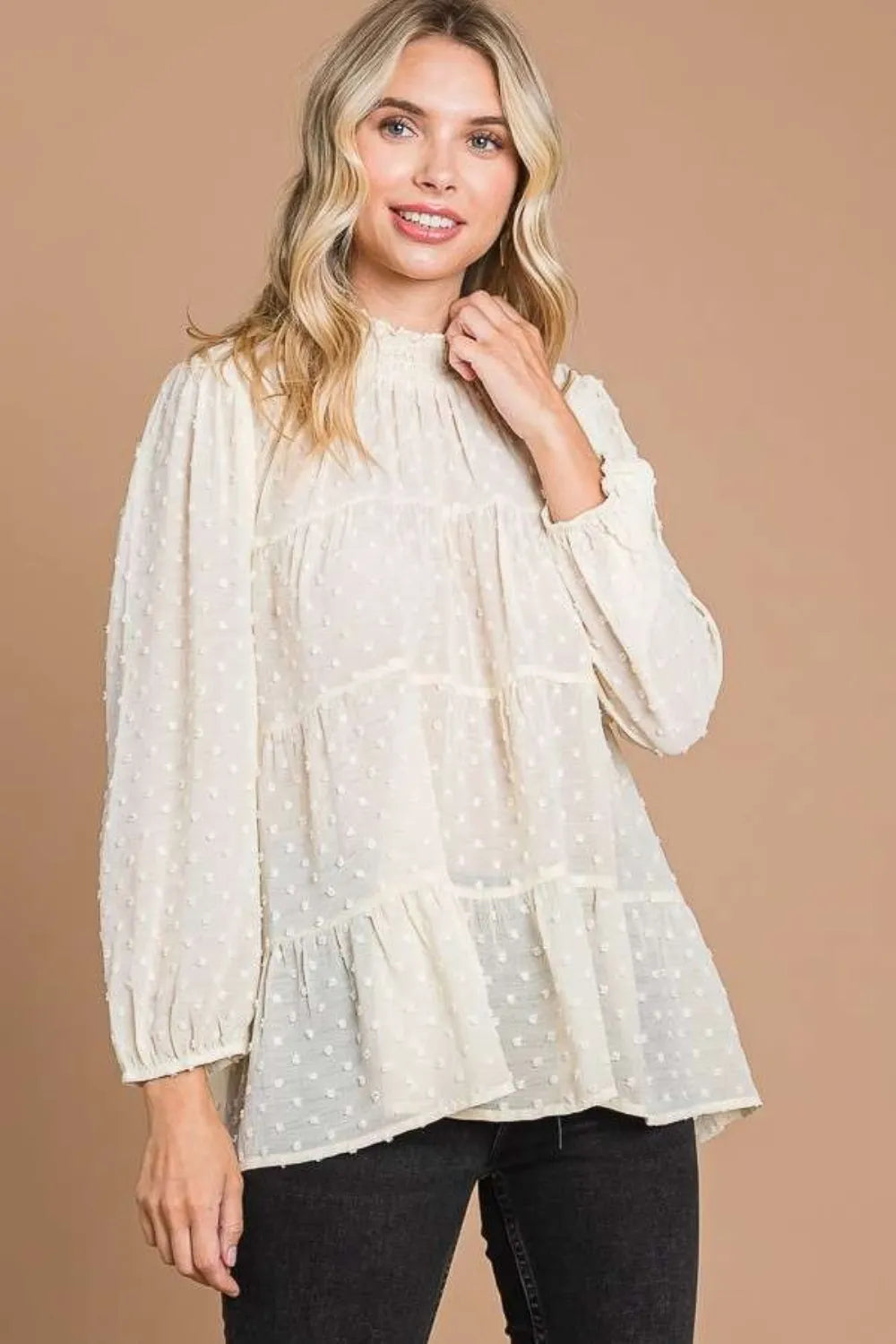 Swiss dot tiered blouse with smocked mock neck