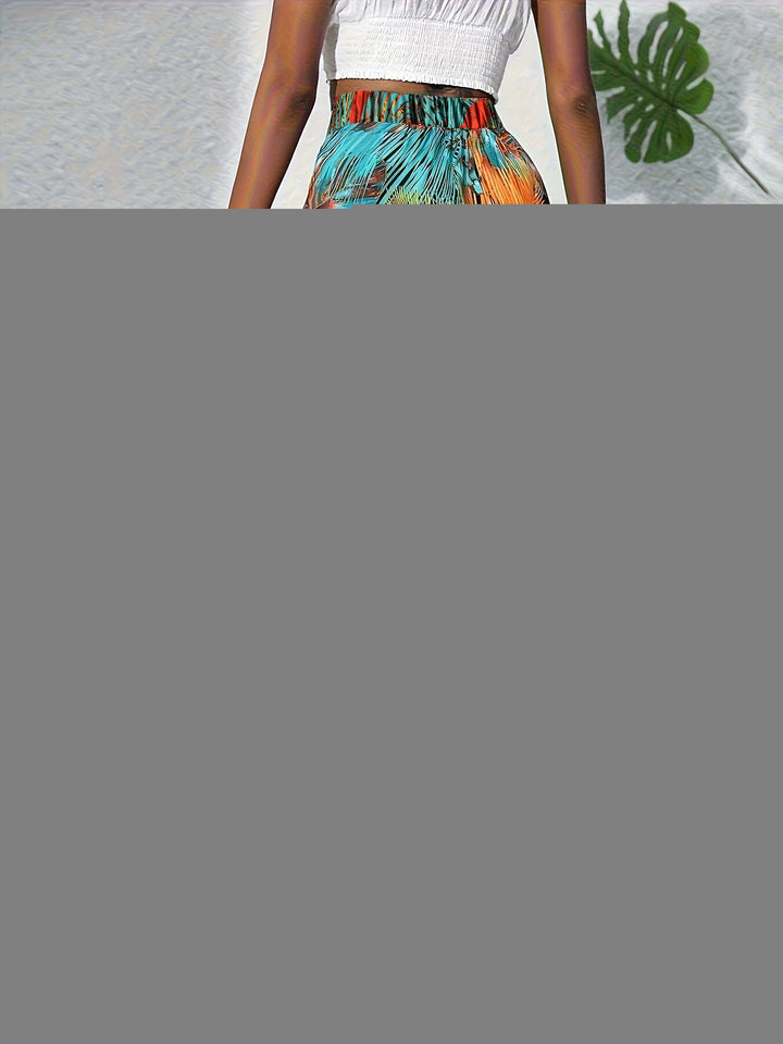 Tropical leaf print wide-leg palazzo pants
